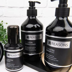 Keratin hair care bottles and serum with pump lids, black containers