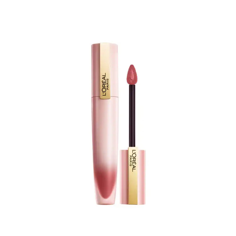 Rose nude liquid lipstick with applicator and tube, visible lipstick tip