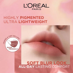 Rose nude soft-matte lipstick on lips, blurred full-coverage look