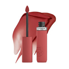 Matte liquid lipstick with open tube and wand, red-brown liquid swatch