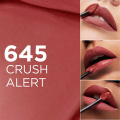 Matte liquid lipstick shade 645 Crush Alert, red-brown lip swatch with applicator