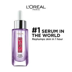 Revitalift hyaluronic acid serum bottle with silver dropper, purple glass