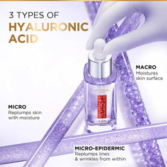Revitalift hyaluronic acid serum bottle with dropper, purple gel droplets