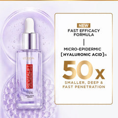 Revitalift hyaluronic acid serum bottle with silver cap, purple beads around