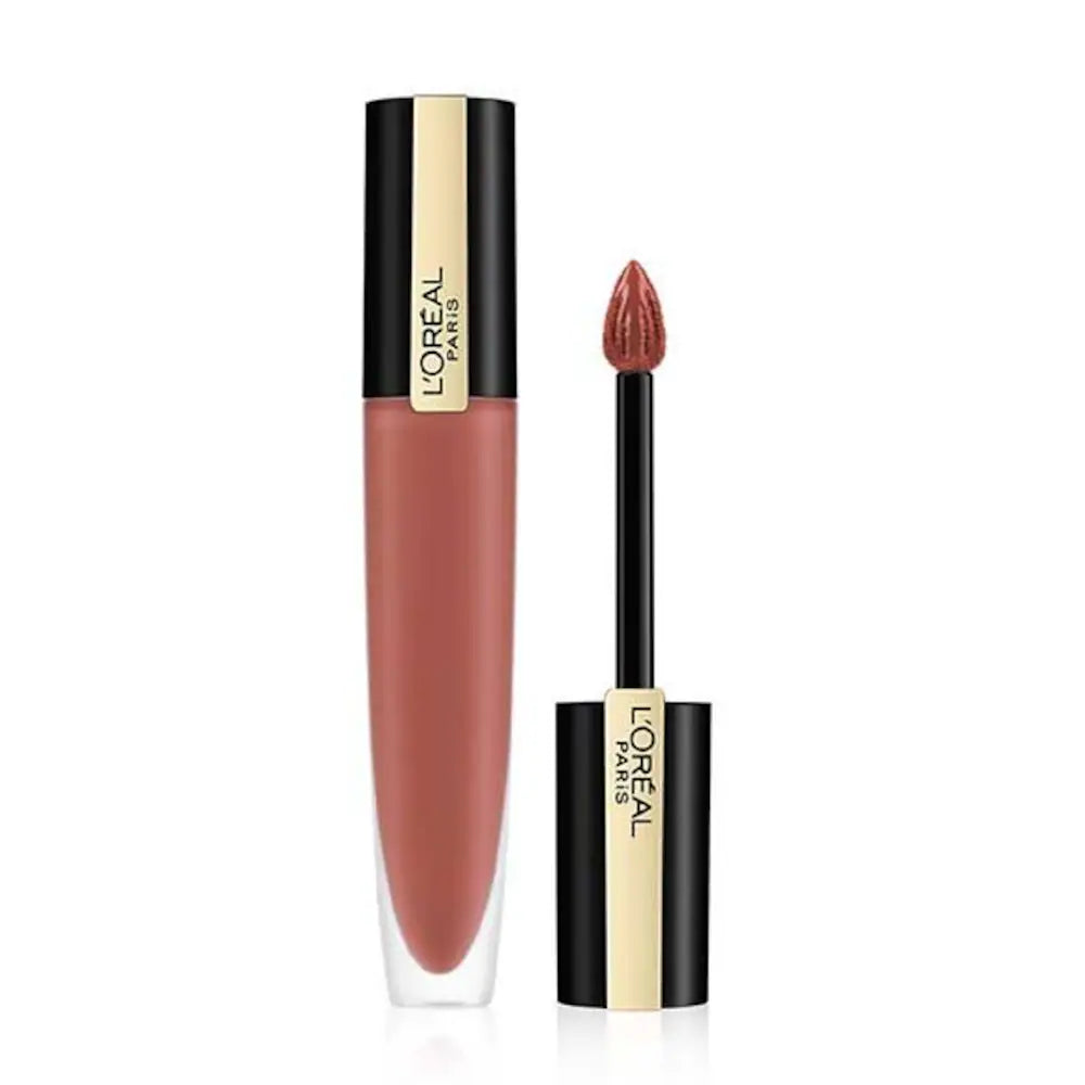 Matte liquid lipstick in rose-mauve with black and gold cap, applicator tip visible.