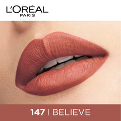 Rose-brown matte liquid lipstick on lips with defined edges and full coverage.