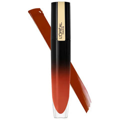 Lip gloss tube with attached wand tip showing brown-red gloss swatches.
