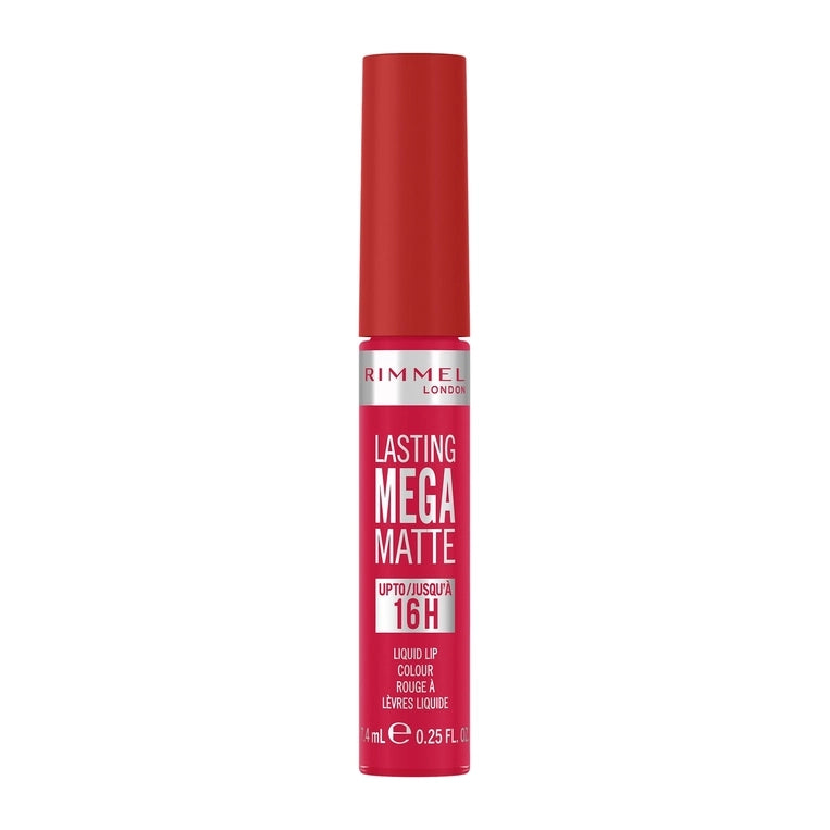 Liquid matte lip color bottle in deep fuchsia red with red cap