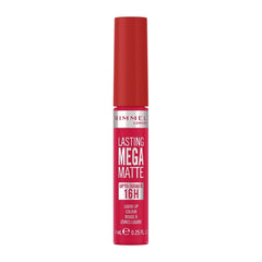 Liquid matte lip color bottle in deep fuchsia red with red cap