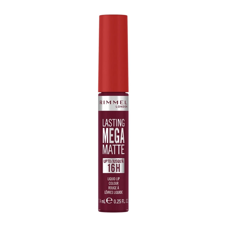Liquid matte lip colour in red-plum tube, Rimmel Lasting Mega Matte, shade 810