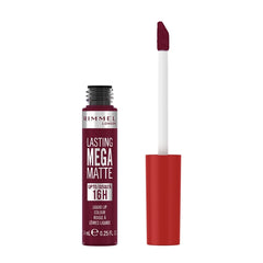 Liquid matte lip colour applicator with dark plum lipstick tip and red tube cap