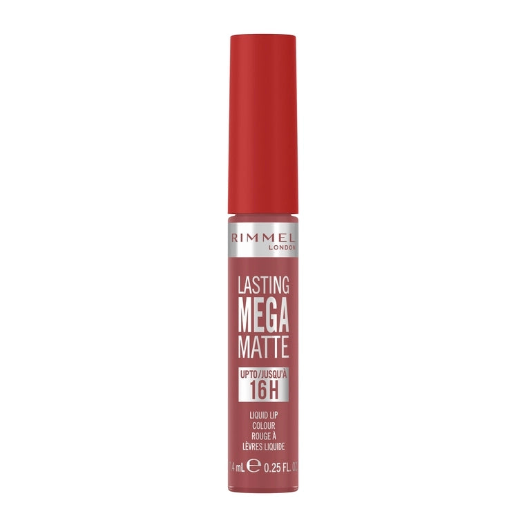 Rimmel Lasting Mega Matte liquid lip colour tube in dark rose matte.
