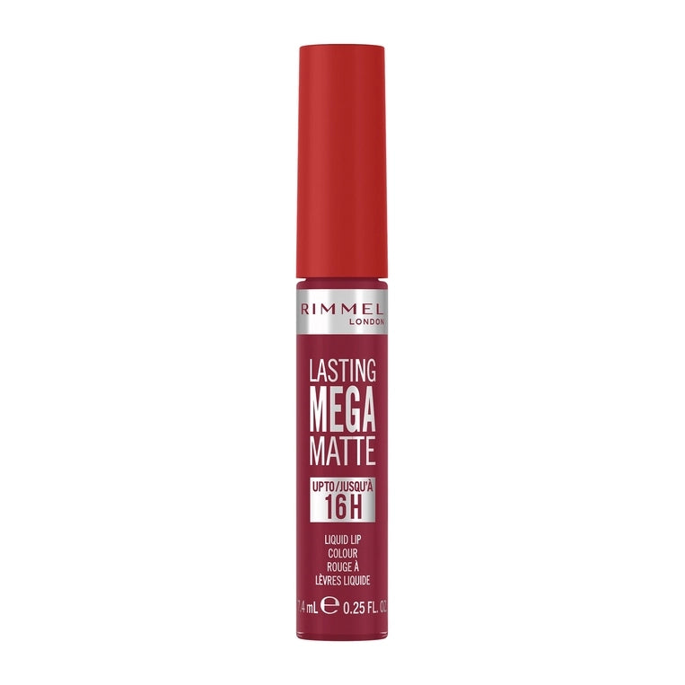Lasting Mega Matte liquid lip colour bottle, deep ruby red shade