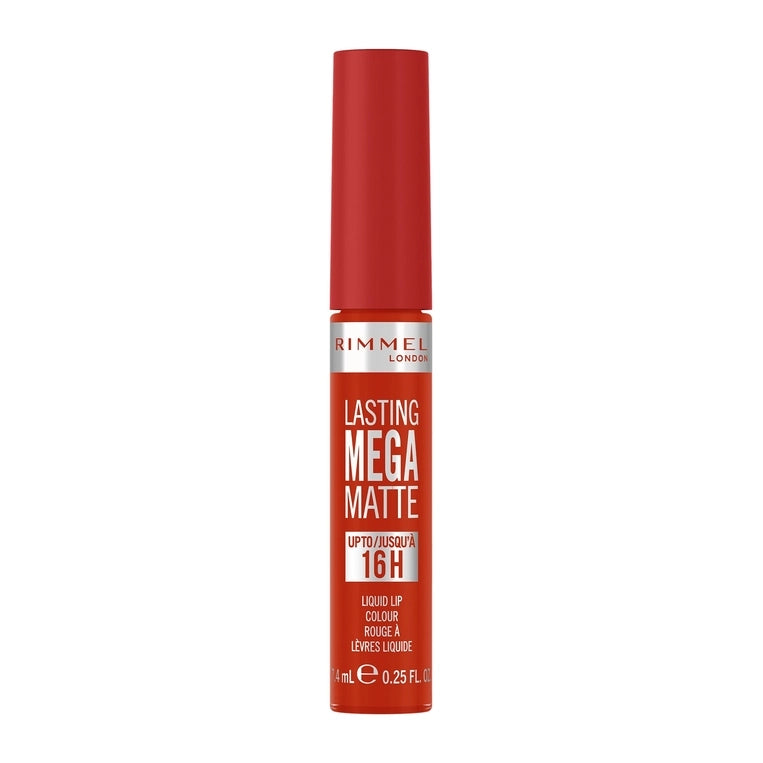 Rimmel London Lasting Mega Matte liquid lip colour in scarlet red tube