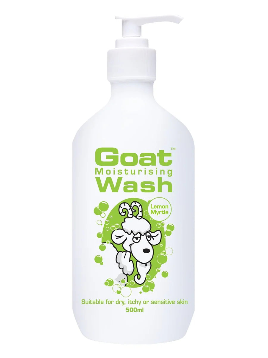 Goat Moisturizing Wash body wash bottle with white pump, lemon graphic label, 500ml
