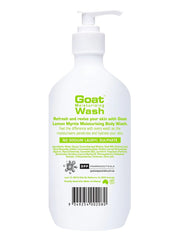 Goat Wash body wash bottle with pump, ingredient text panel, barcode, 500ml