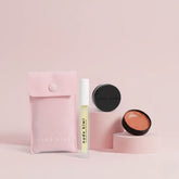 Lip kit set: pink pouch, yellow lip serum, round lip balm jar