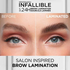 Eyebrow before-and-after view showing laminated, fuller-looking brows