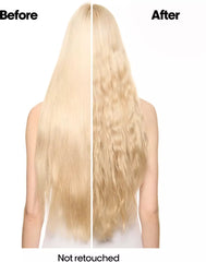 Blonde hair shown split between before and after beach-wave styling