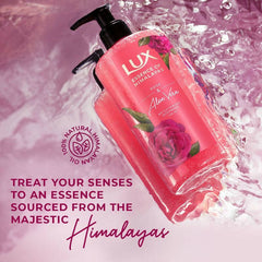 Pink rose & aloe vera body wash bottle with black pump, with water splash