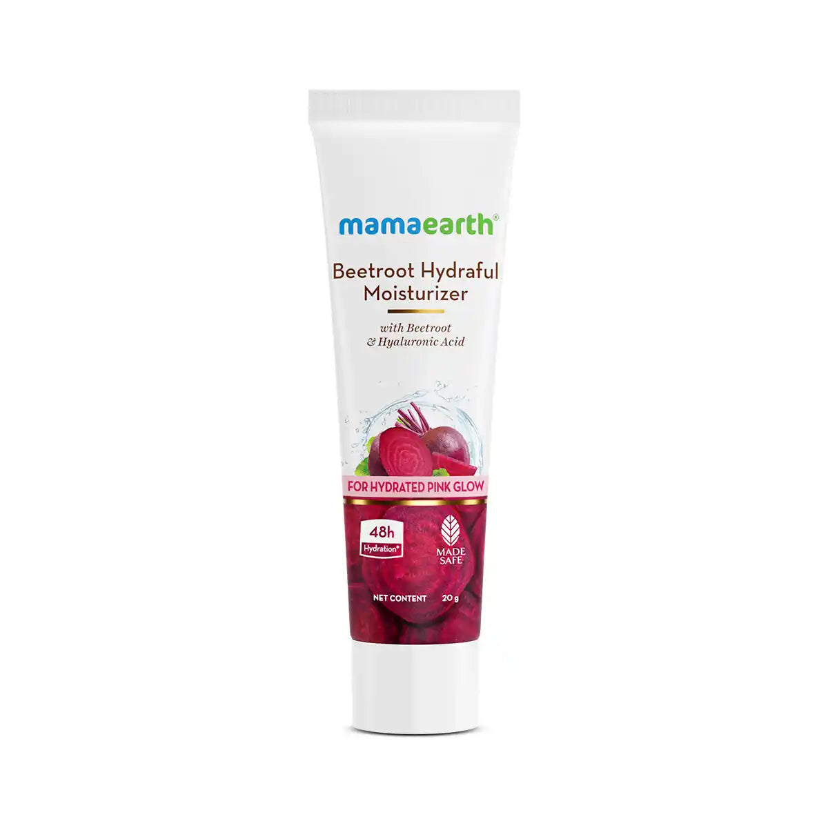 Beetroot Hydraful moisturizer tube, white with beet graphic and pink glow badge.