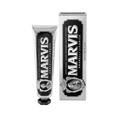 Marvis licorice mint toothpaste tube and carton, black and white label, 85 ml.