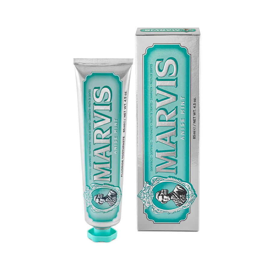 Marvis anise mint toothpaste tube with teal box, 85 ml