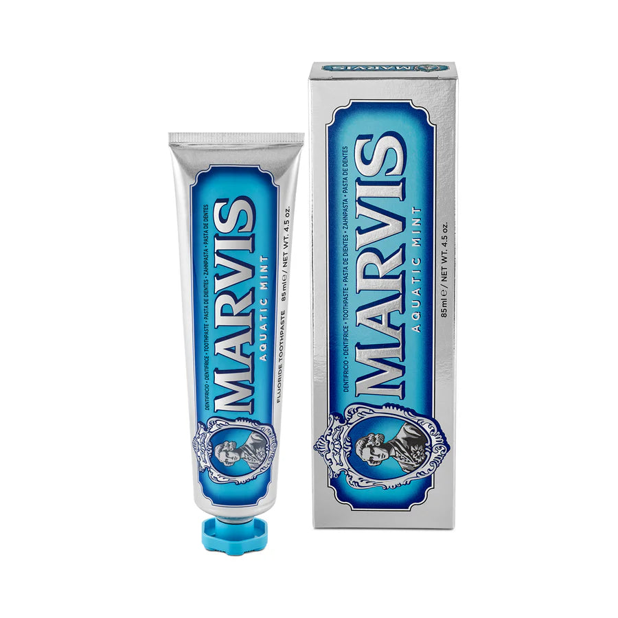 Marvis Aquatic Mint toothpaste tube and carton, blue label and mint-colored cap.