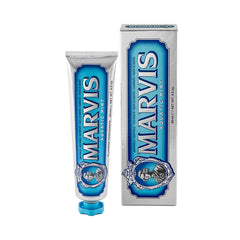 Marvis Aquatic Mint toothpaste tube and carton, blue label and mint-colored cap.
