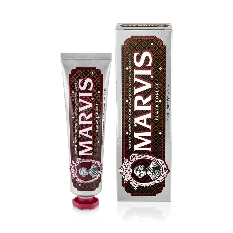 Marvis toothpaste tube and box, Black Forest and cherry chocolate flavor, dark red design