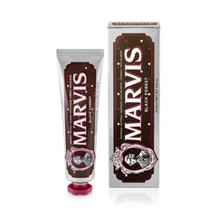 Marvis toothpaste tube and box, Black Forest and cherry chocolate flavor, dark red design