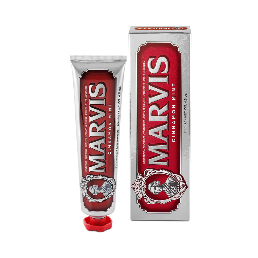 Cinnamon mint toothpaste tube and carton, white tube with red Marvis logo, 85 ml