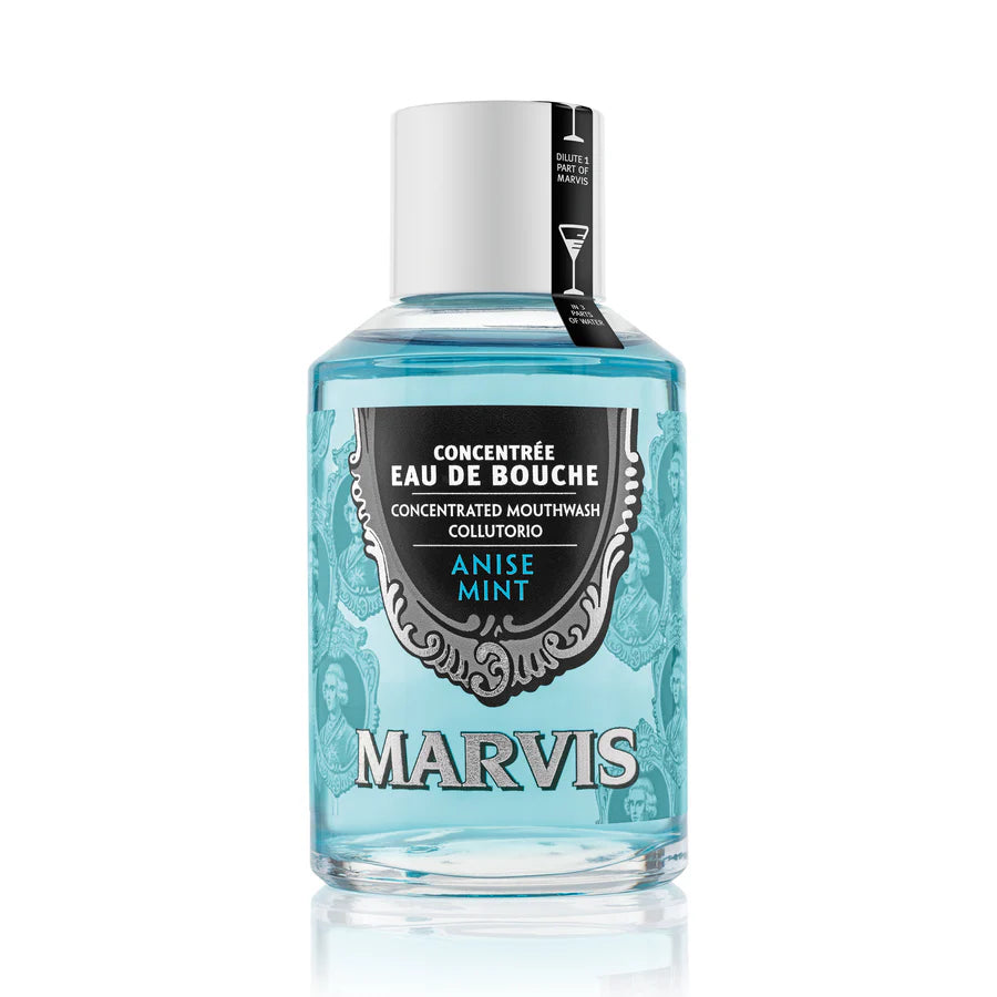 Marvis concentrated anise mint mouthwash bottle with turquoise liquid and white cap