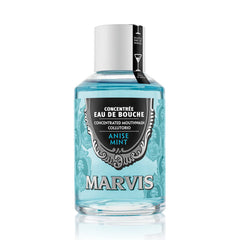 Marvis concentrated anise mint mouthwash bottle with turquoise liquid and white cap
