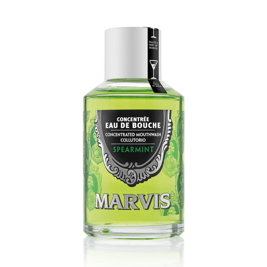 Marvis spearmint concentrated mouthwash bottle, green glass with black label