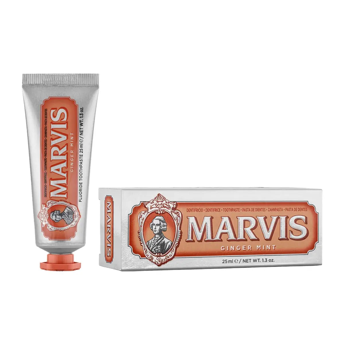 Marvis ginger mint travel-size toothpaste tube and box, 25 ml