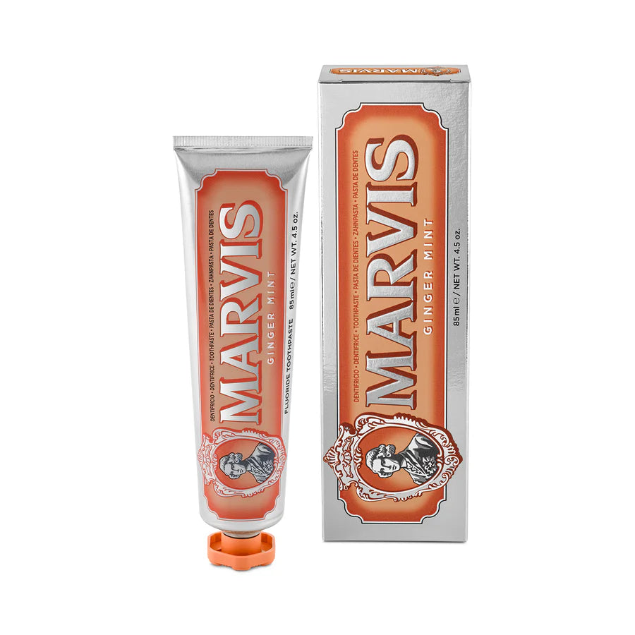 Marvis ginger mint toothpaste tube and carton, mint and ginger themed design