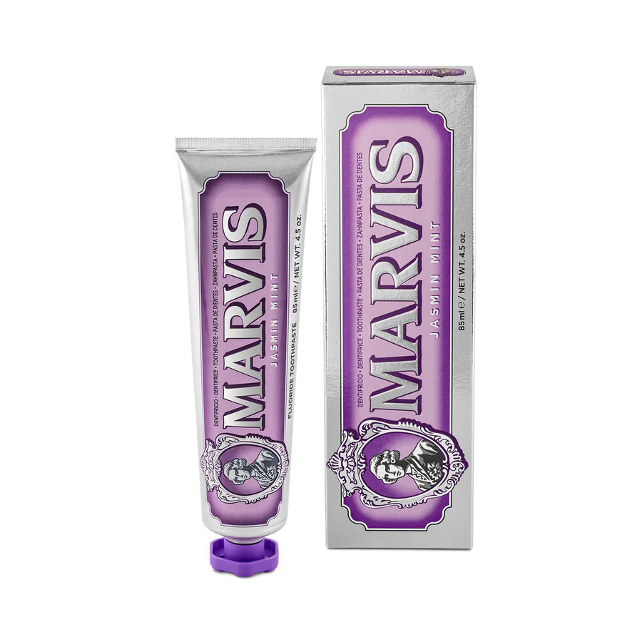 Marvis Jasmine Mint toothpaste tube with matching box, purple label, white tube