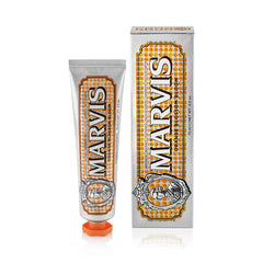 Marvis Orange Blossom Mint toothpaste tube and box, 75 ml, with orange accents