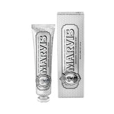 Marvis Smokers Whitening Mint toothpaste tube with matching carton, silver patterned design