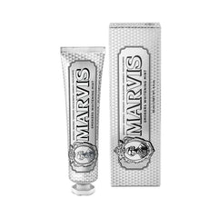 Marvis Smokers Whitening Mint toothpaste tube with matching carton, silver patterned design