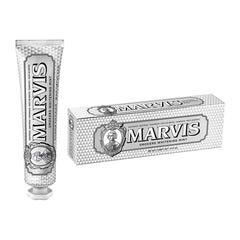 Marvis Smokers Whitening Mint toothpaste tube and rectangular box, silver geometric pattern