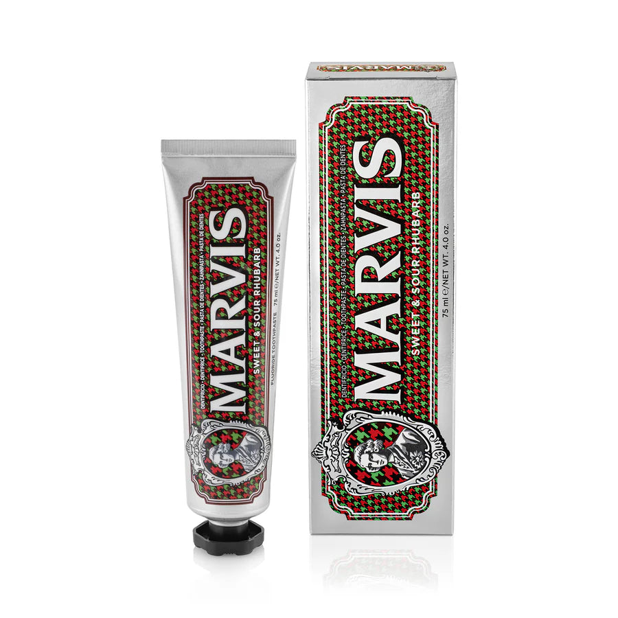 Marvis toothpaste tube and box with rhubarb-themed red and green label