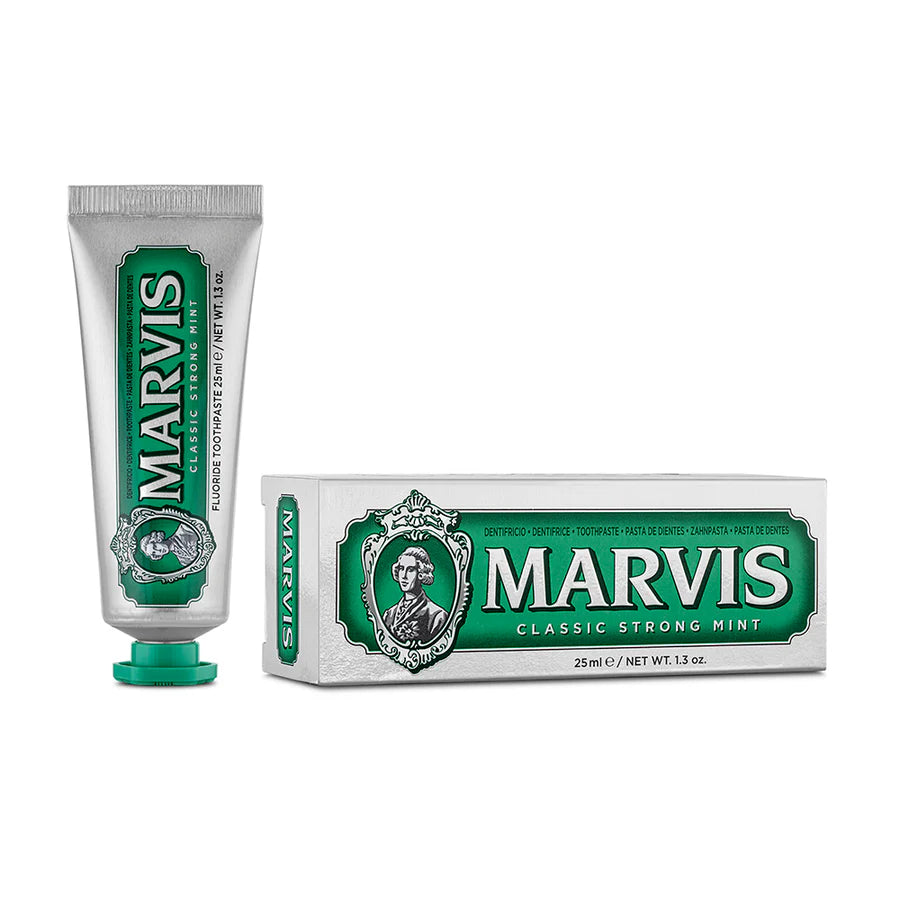 MARVIS Classic Strong Mint toothpaste tube and box, 25 ml, green label