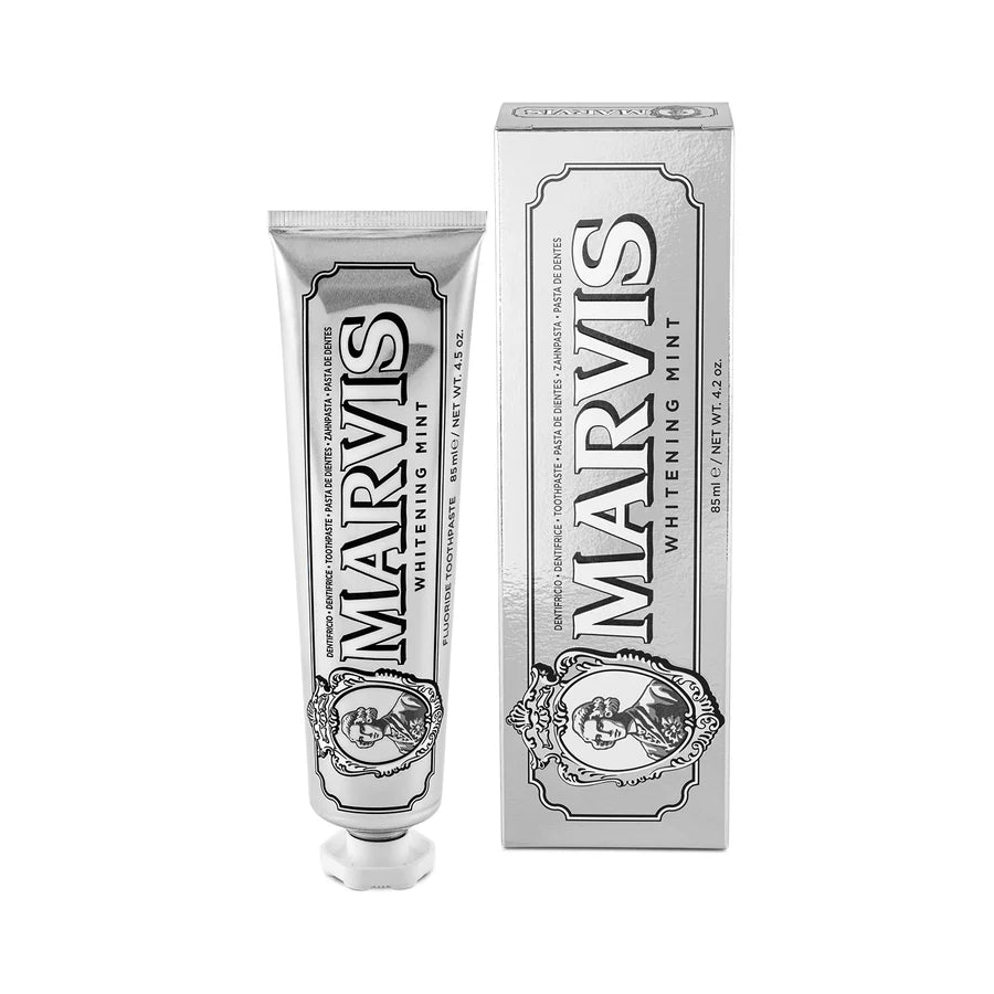 Marvis Whitening toothpaste tube with silver flip-top cap and box