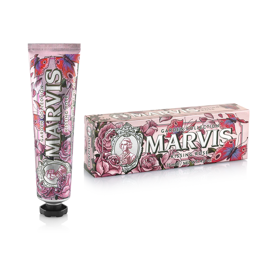 Marvis Kissing Rose toothpaste tube and matching gift box, 75 ml.