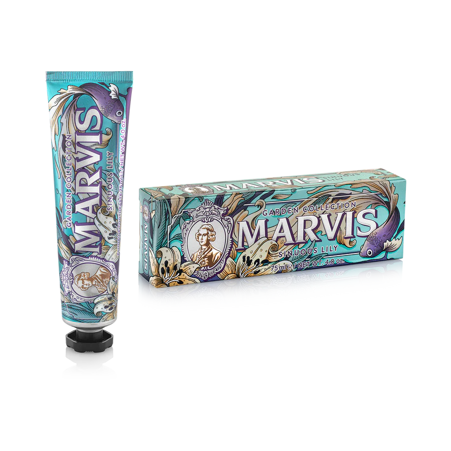 Marvis Sinuous Lily toothpaste tube and box, blue floral design