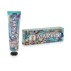 Marvis Sinuous Lily toothpaste tube and box, blue floral design