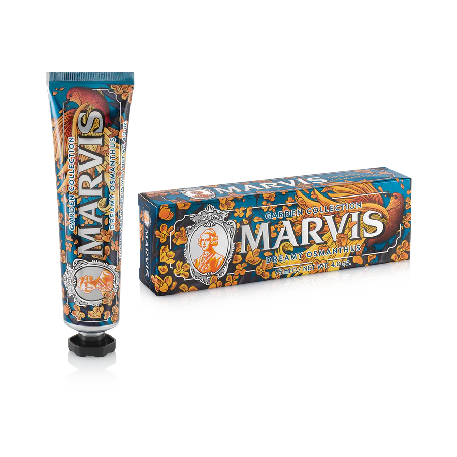 Marvis Dreamy Osmanthus toothpaste tube and box, blue and orange Garden Collection