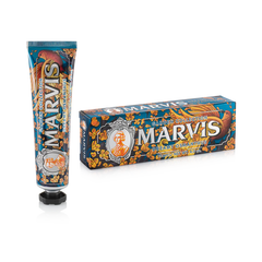 Marvis Dreamy Osmanthus toothpaste tube and box, blue and orange Garden Collection